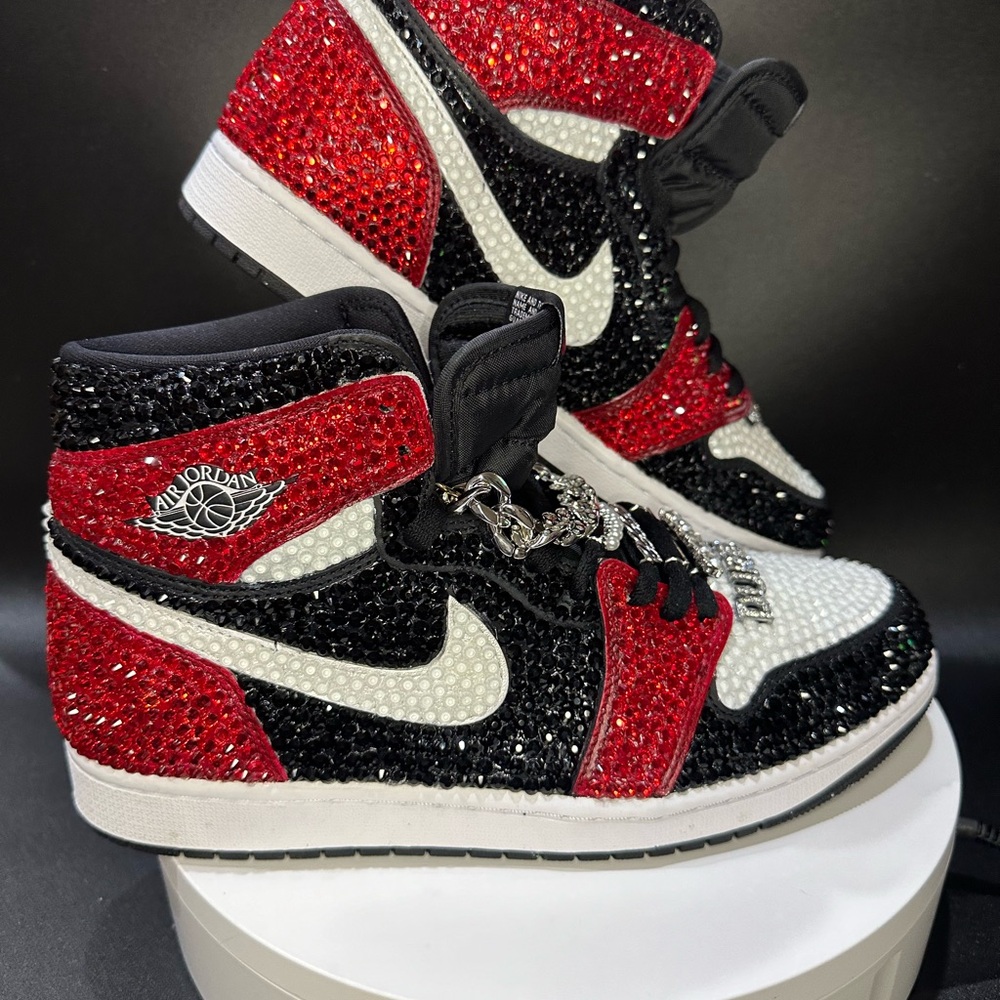 Custom Rhinestone Jordan 1 High OG Red Black White Sneakers